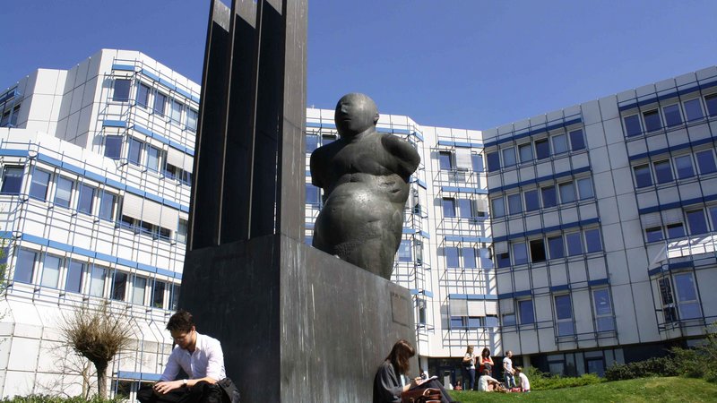 Students sitting on lawn by statue in front of Building D.